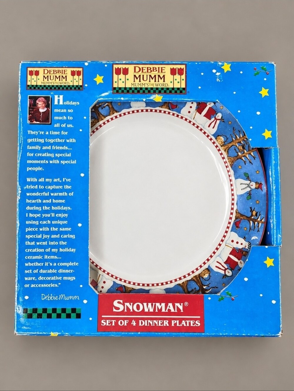 Debbie Mumm Snowman Dinner Plates Set 3 NOS Sakura Oneida Vintage Box